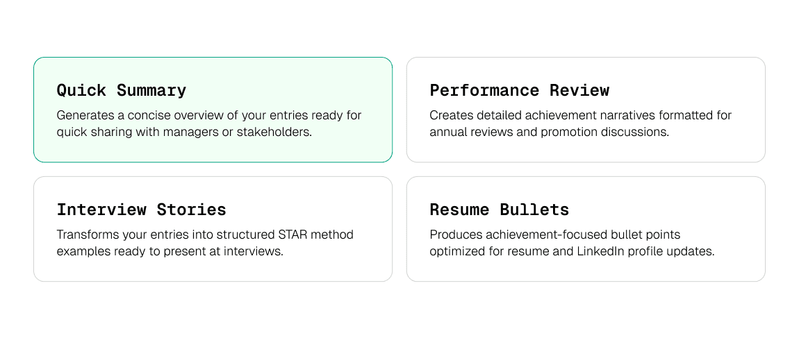 BragBook AI generates performance review summaries, interview stories, and resume bullets from your work accomplishments