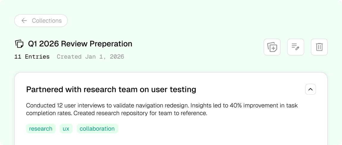 BragBook collections feature to organize work accomplishments by project or quarter