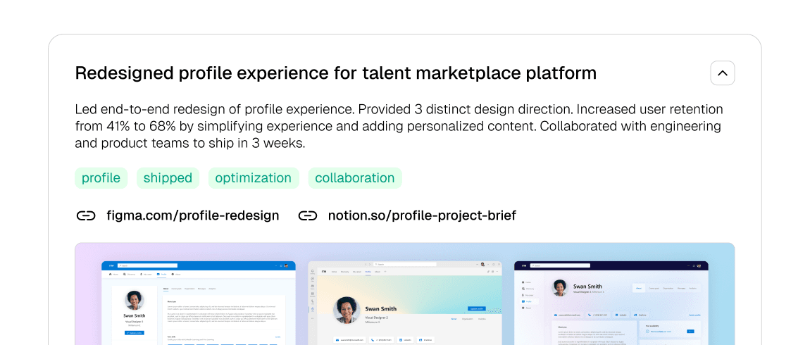 BragBook entry card showing how to quickly log work accomplishments with tags, metrics, and project links