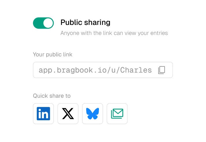 BragBook share feature to send your brag document to recruiters and managers via link or export to CSV