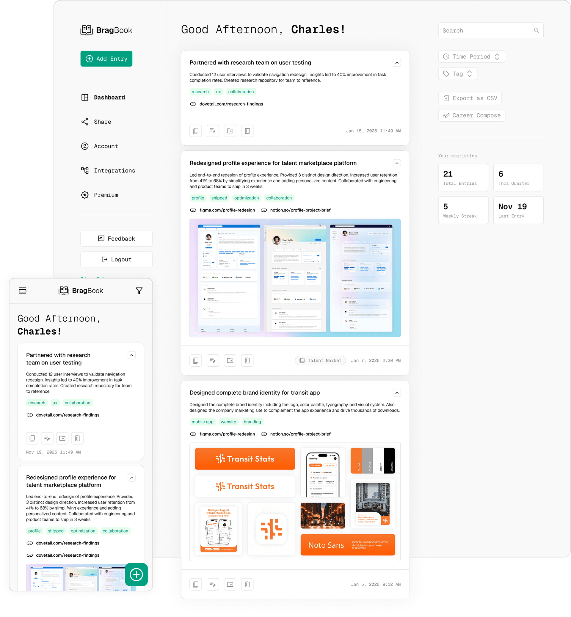 BragBook dashboard showing accomplishment tracking
