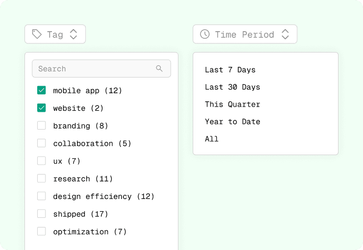 BragBook search and filter feature to find accomplishments by tag, date, or collection